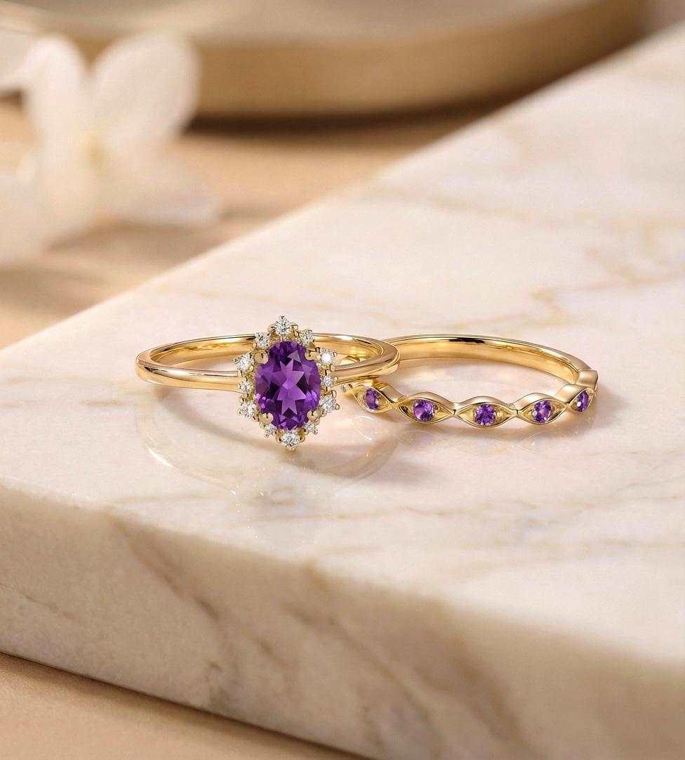 0.60ct Amethyst Engagement Ring Set, 18K Solid Gold Vintage Halo Wedding Ring for Women, Oval Bridal Set February Birthstone