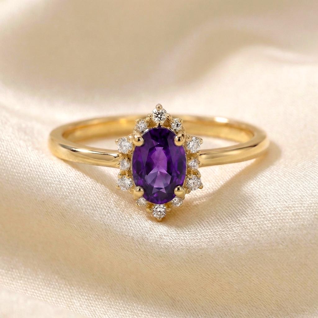 0.60ct Amethyst Engagement Ring Set, 18K Solid Gold Vintage Halo Wedding Ring for Women, Oval Bridal Set February Birthstone