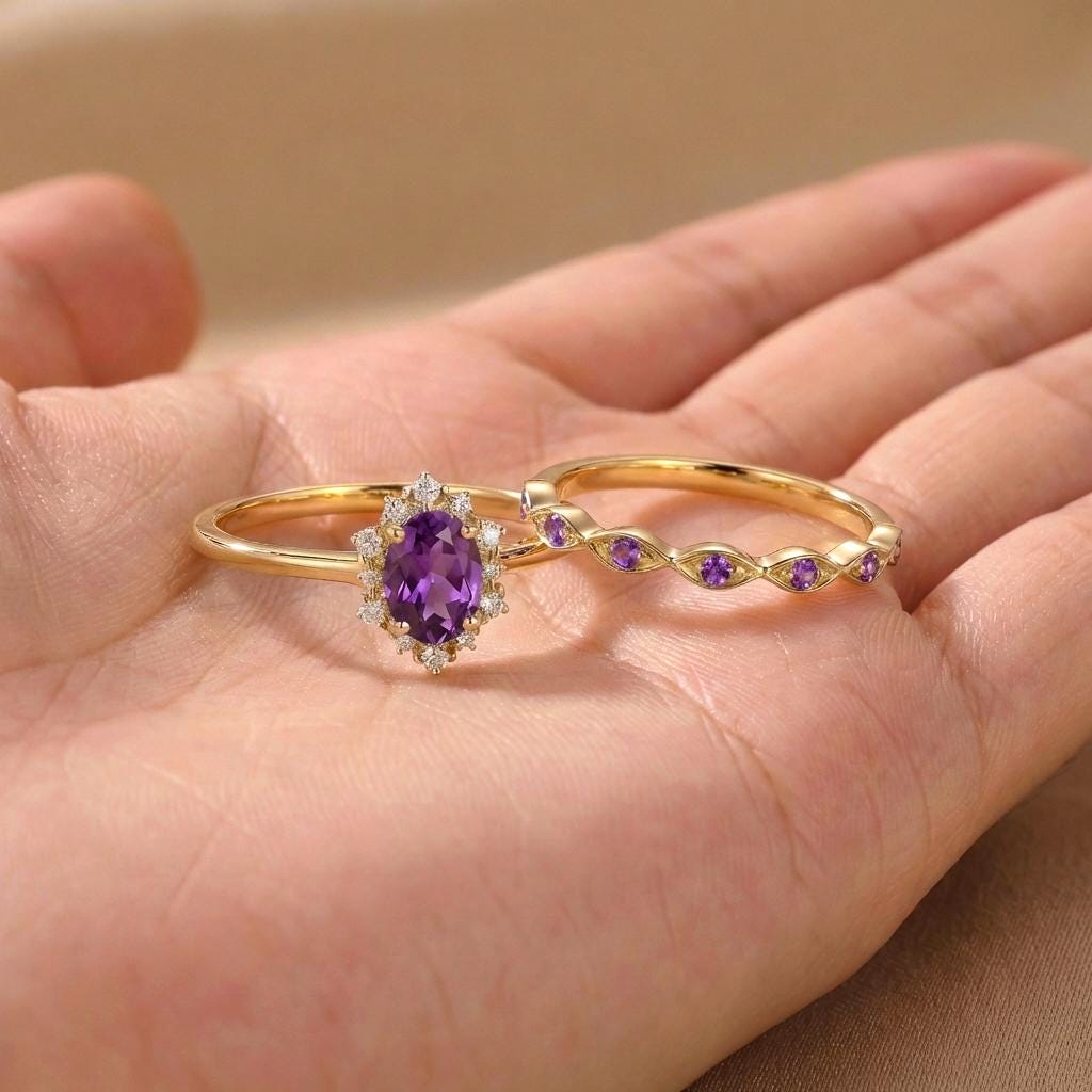 0.60ct Amethyst Engagement Ring Set, 18K Solid Gold Vintage Halo Wedding Ring for Women, Oval Bridal Set February Birthstone