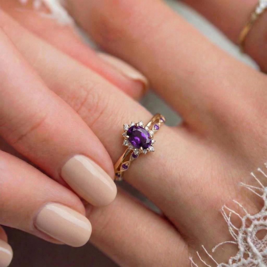 0.60ct Amethyst Engagement Ring Set, 18K Solid Gold Vintage Halo Wedding Ring for Women, Oval Bridal Set February Birthstone