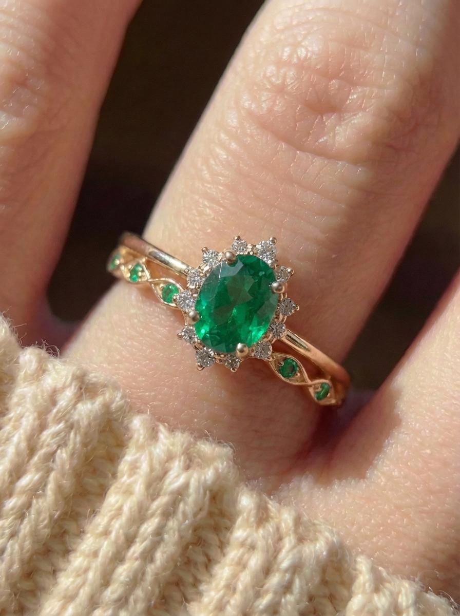 Oval Emerald Halo Engagement Ring Set, May Birthstone Bridal Set, Vintage Gold Wedding Ring, Anniversary Gift for Her