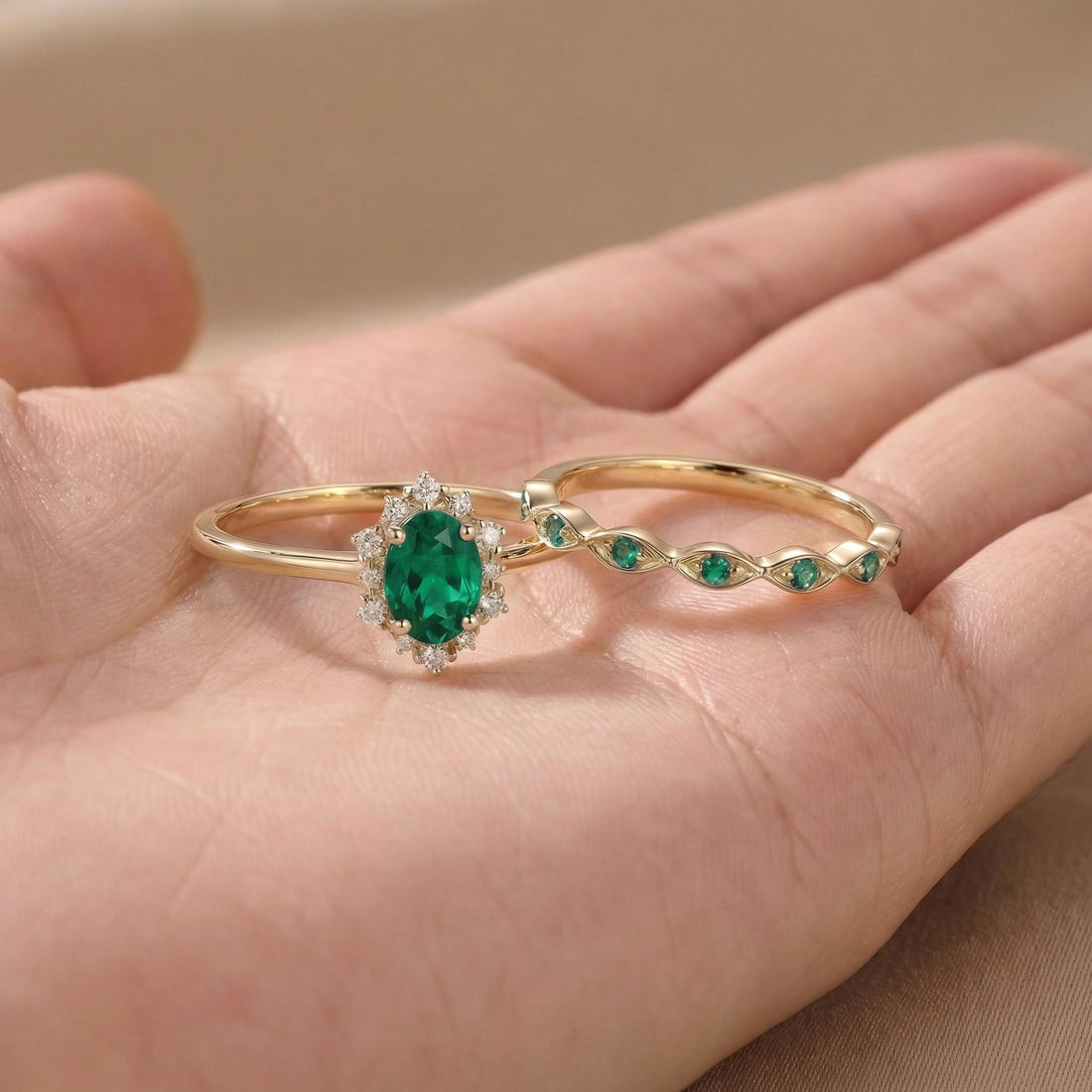 Oval Emerald Halo Engagement Ring Set, May Birthstone Bridal Set, Vintage Gold Wedding Ring, Anniversary Gift for Her