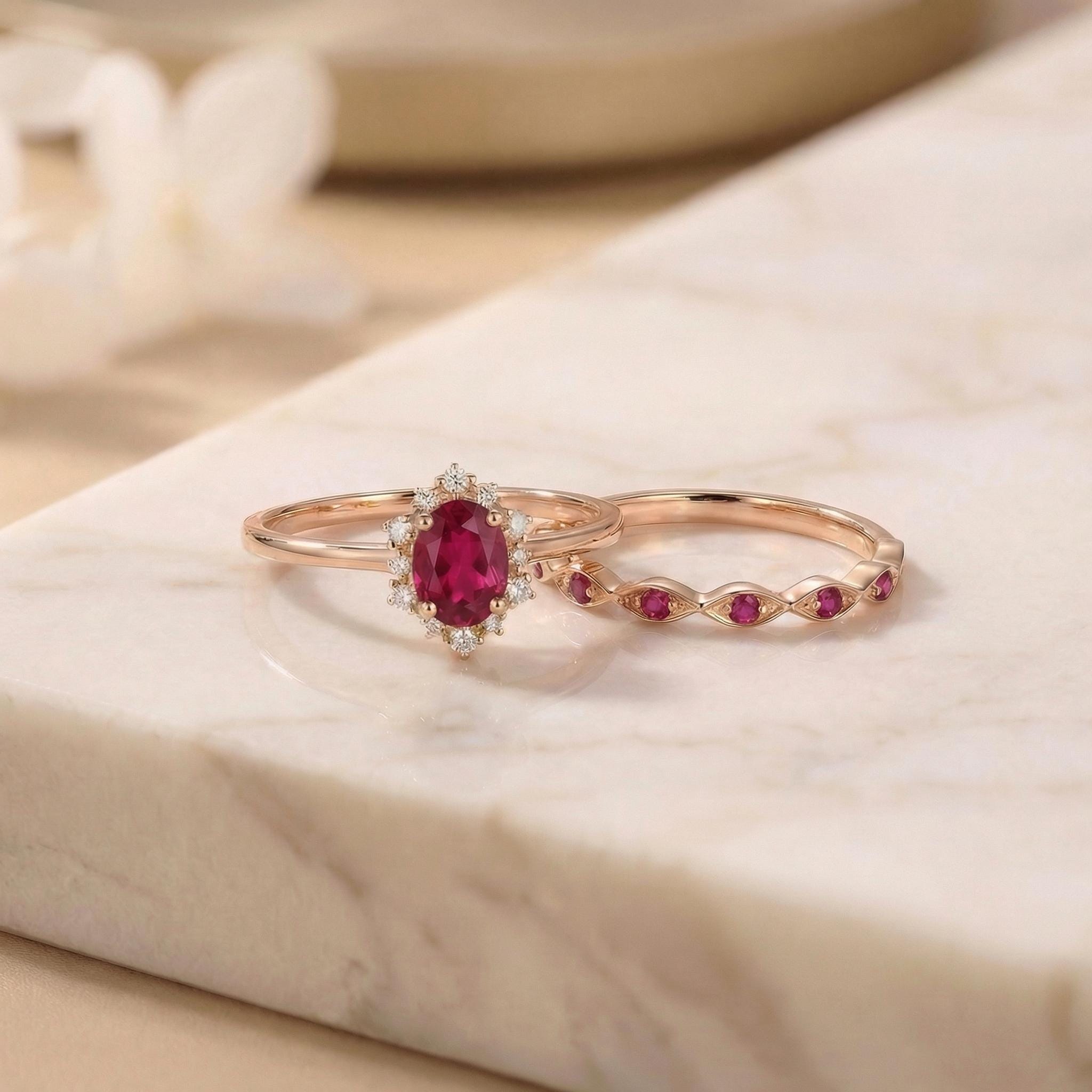 Ruby Halo Engagement Ring Set, Oval July Birthstone Bridal Set, Vintage Gold Wedding Ring, Bridesmaid Gift