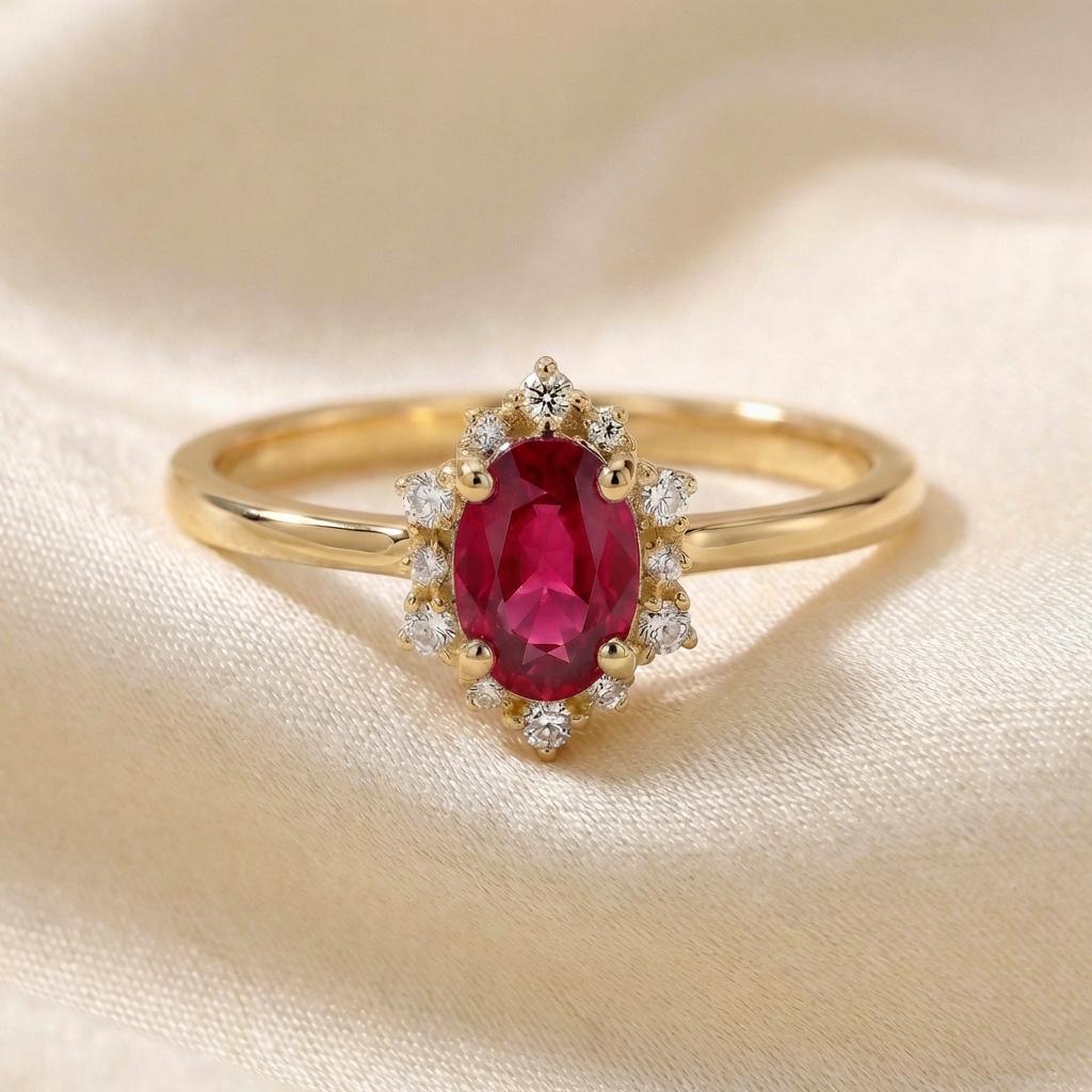 Ruby Halo Engagement Ring Set, Oval July Birthstone Bridal Set, Vintage Gold Wedding Ring, Bridesmaid Gift