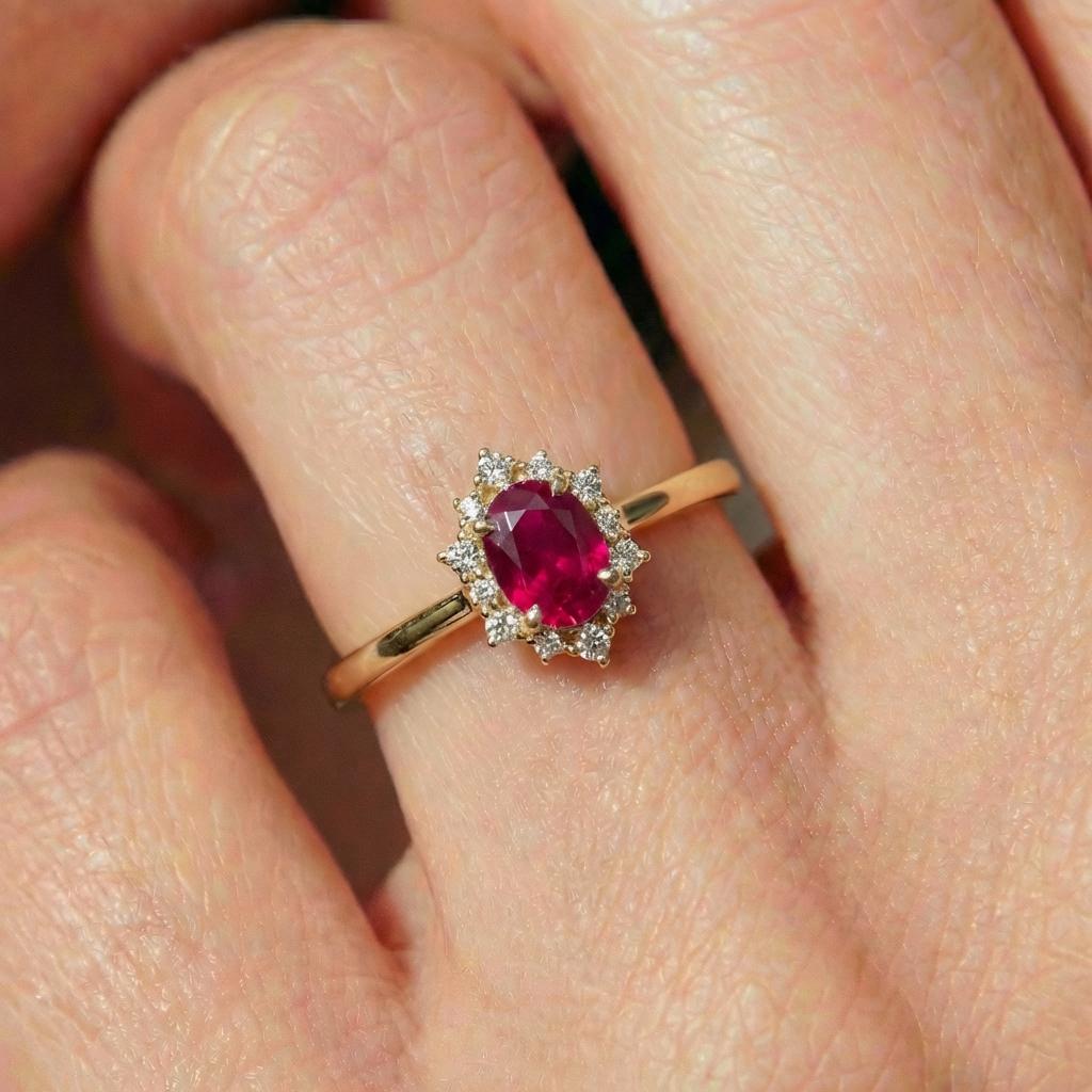Ruby Halo Engagement Ring Set, Oval July Birthstone Bridal Set, Vintage Gold Wedding Ring, Bridesmaid Gift