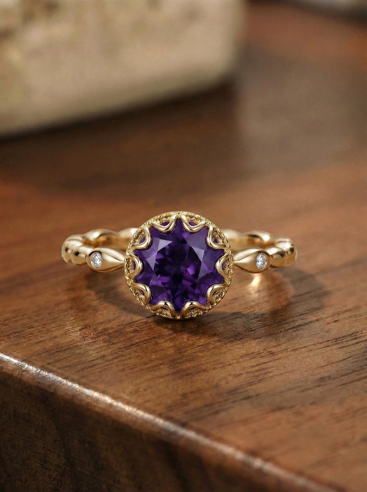 1ct - 2ct Amethyst Ring, Vintage Round Cut Amethyst Ring, Antique Wedding Women's Ring, Art Deco Engagement Ring, February Birthstone
