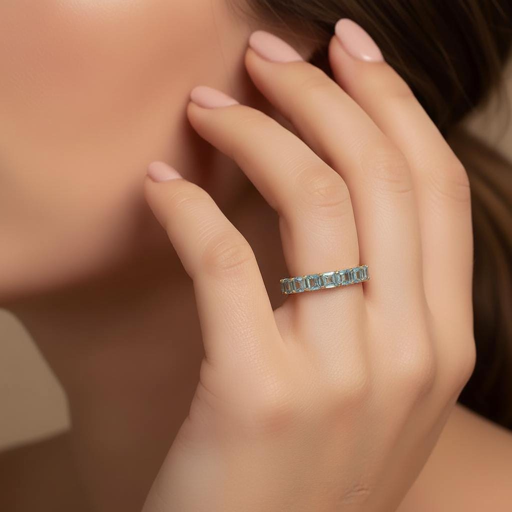 Cushion Cut Aquamarine Wedding Band, Full Eternity Stacking Ring for Women, 18K Gold Matching Ring, March Birthstone Gift
