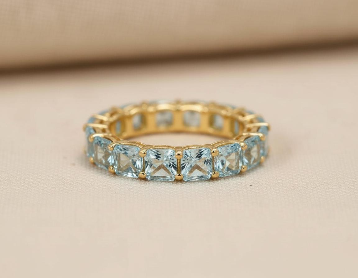 Cushion Cut Aquamarine Wedding Band, Full Eternity Stacking Ring for Women, 18K Gold Matching Ring, March Birthstone Gift
