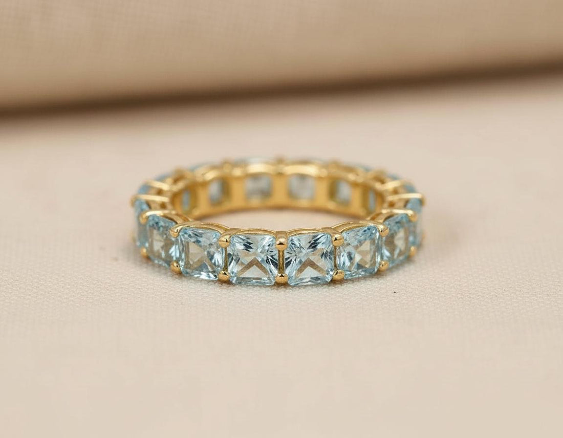 Cushion Cut Aquamarine Wedding Band, Full Eternity Stacking Ring for Women, 18K Gold Matching Ring, March Birthstone Gift