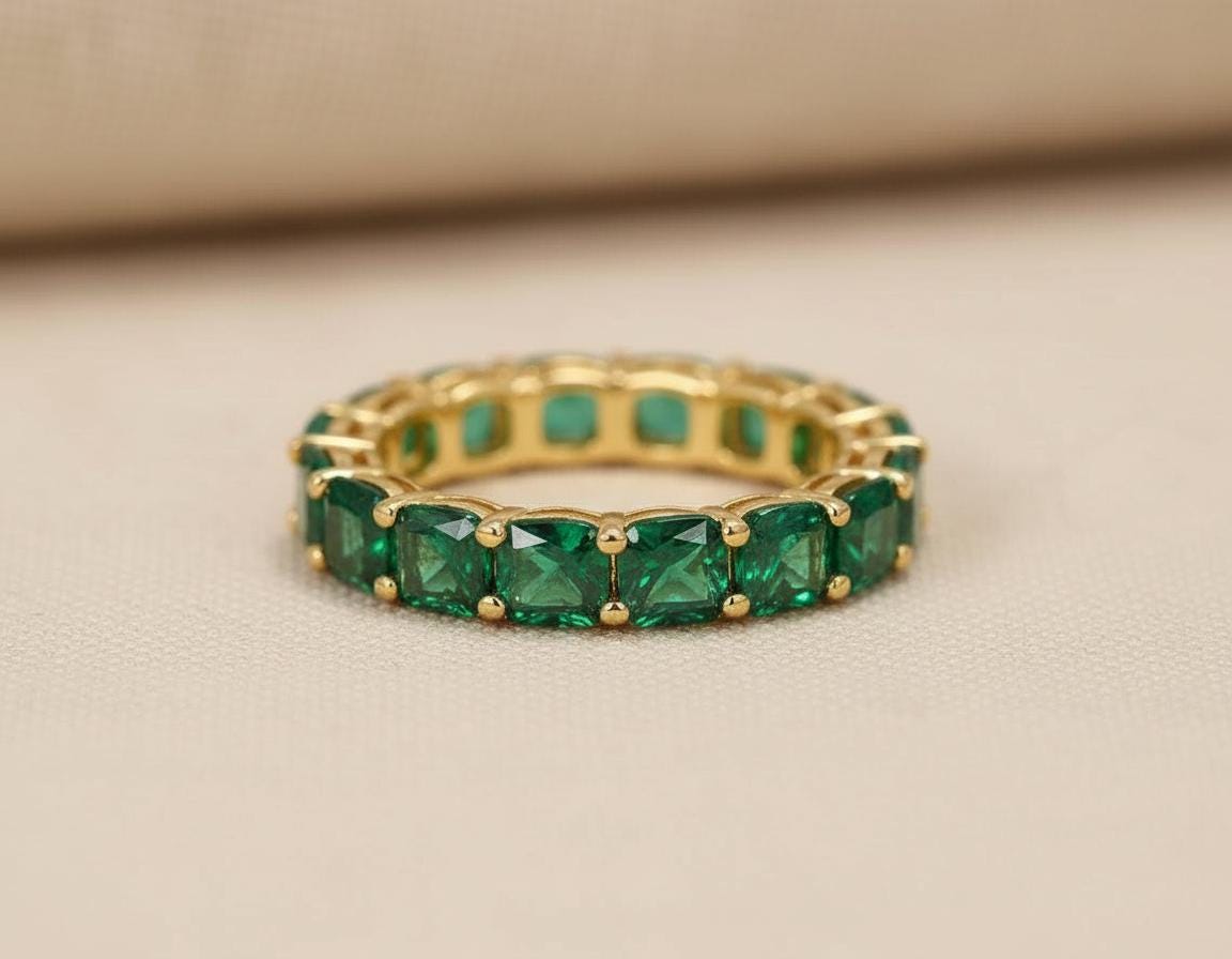 Cushion Cut Emerald Wedding Band, Full Eternity Stacking Ring for Women, 18K Gold Matching Ring, May Birthstone Gift