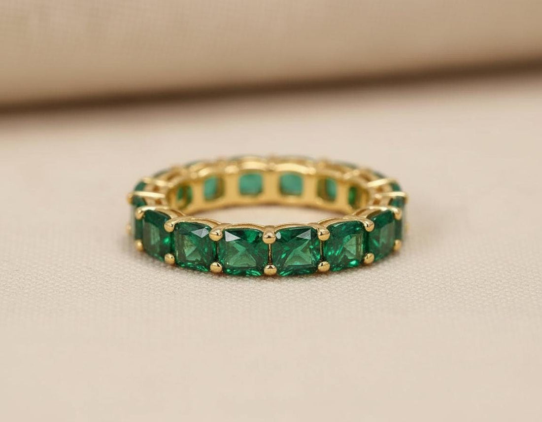 Cushion Cut Emerald Wedding Band, Full Eternity Stacking Ring for Women, 18K Gold Matching Ring, May Birthstone Gift