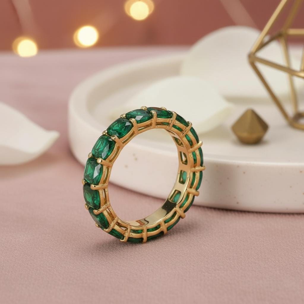 Cushion Cut Emerald Wedding Band, Full Eternity Stacking Ring for Women, 18K Gold Matching Ring, May Birthstone Gift