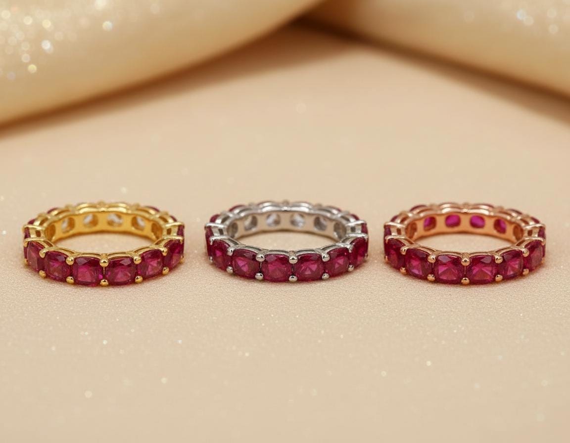 Cushion Cut Ruby Wedding Band, Full Eternity Stacking Ring for Women, 18K Gold Matching Ring, July Birthstone Gift