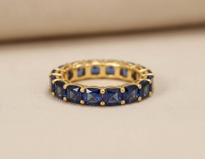 Cushion Cut Blue Sapphire Wedding Band, Full Eternity Stacking Ring for Women, 18K Gold Matching Ring, September Birthstone Gift