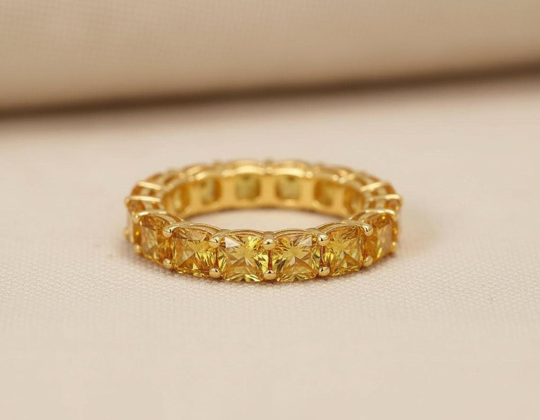 Cushion Cut Citrine Wedding Band, Full Eternity Stacking Ring for Women, 18K Gold Matching Ring, November Birthstone Gift