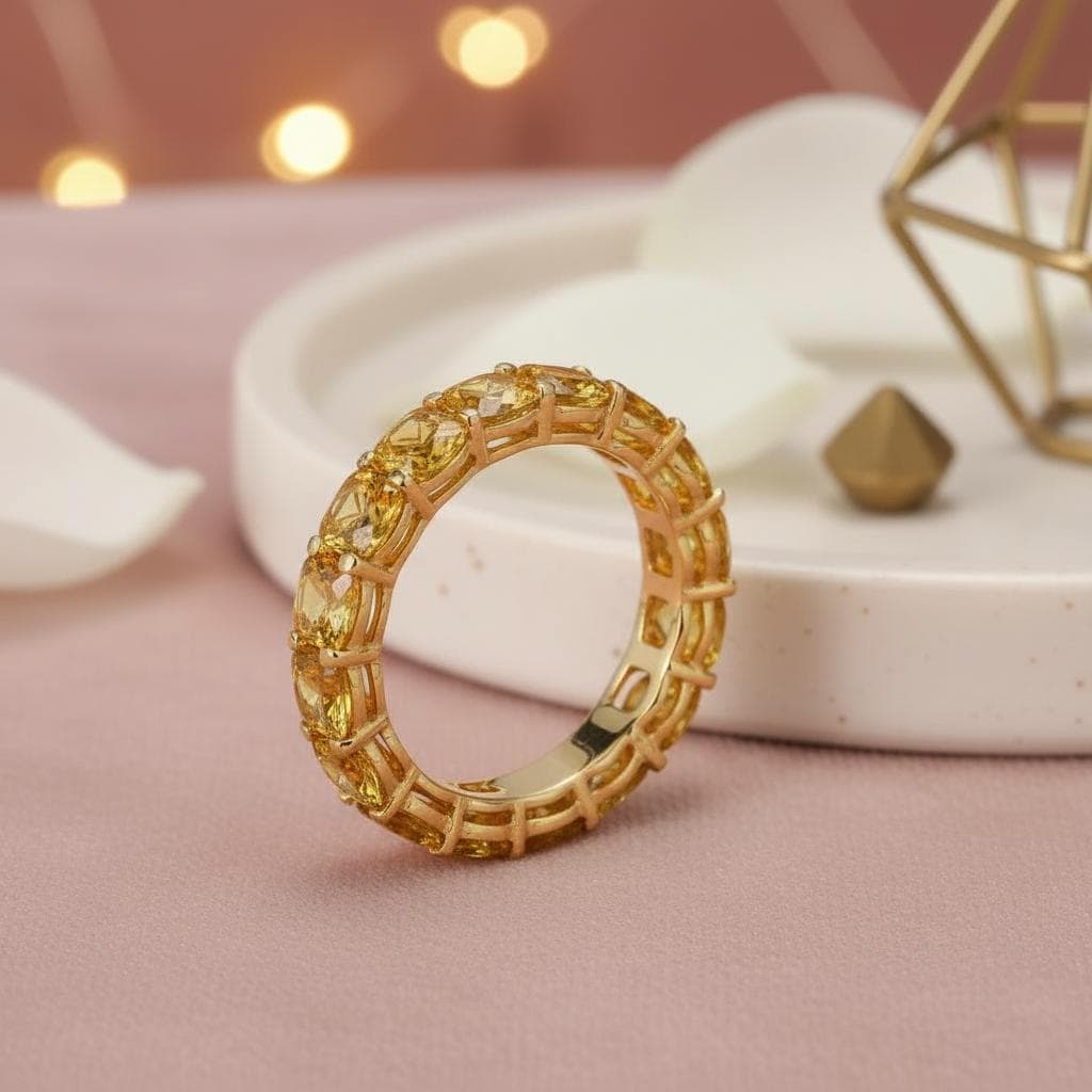Cushion Cut Citrine Wedding Band, Full Eternity Stacking Ring for Women, 18K Gold Matching Ring, November Birthstone Gift