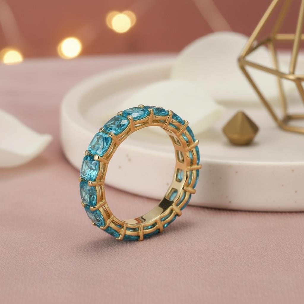 Cushion Cut Blue Zircon Wedding Band, Full Eternity Stacking Ring for Women, 18K Gold Matching Ring, December Birthstone Gift