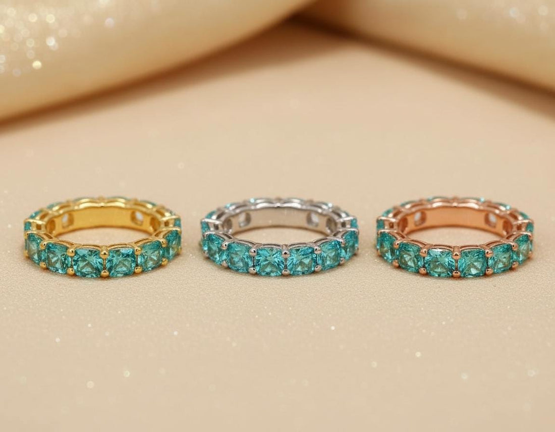 Cushion Cut Blue Zircon Wedding Band, Full Eternity Stacking Ring for Women, 18K Gold Matching Ring, December Birthstone Gift