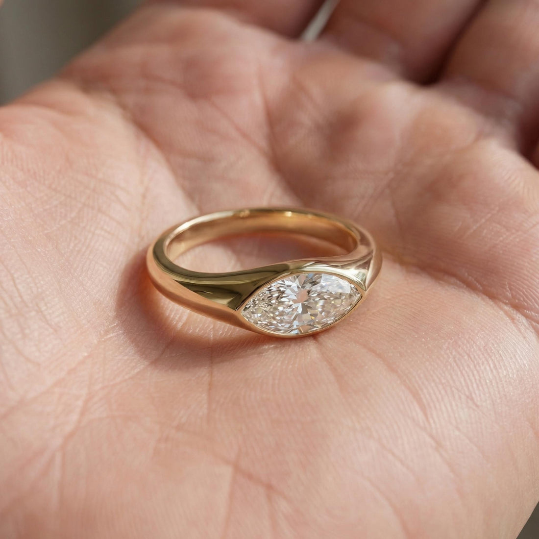 1.5ct Marquise Bezel Moissanite Ring, 14K Solid Gold Signet Engagement Ring, Minimalist Pinky Promise Gift, Unique Solitaire Gold Ring
