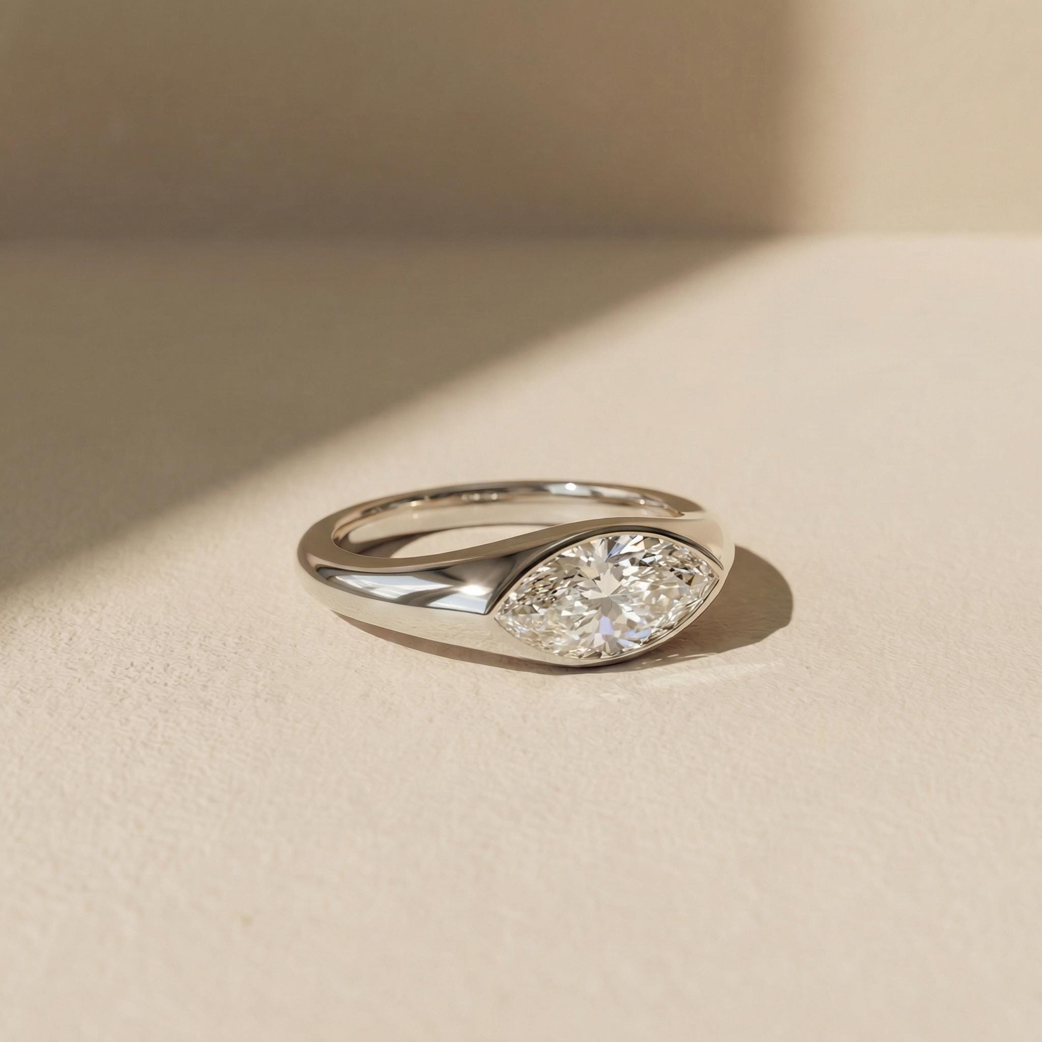 1.5ct Marquise Bezel Moissanite Ring, 14K Solid Gold Signet Engagement Ring, Minimalist Pinky Promise Gift, Unique Solitaire Gold Ring