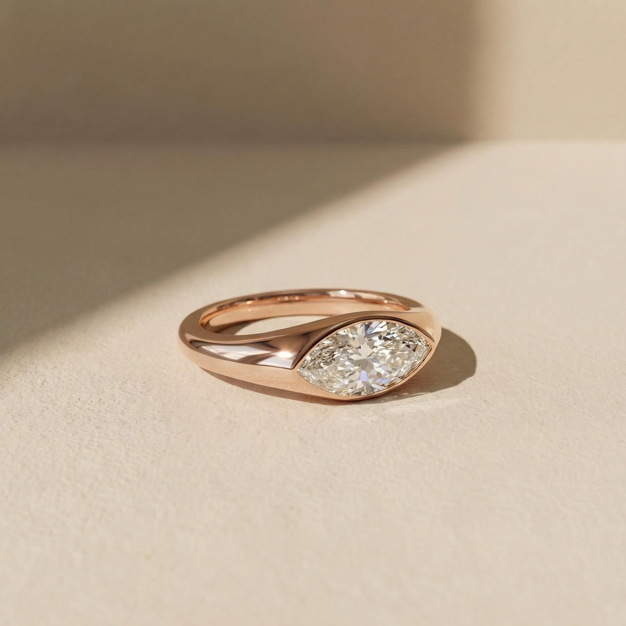 1.5ct Marquise Bezel Moissanite Ring, 14K Solid Gold Signet Engagement Ring, Minimalist Pinky Promise Gift, Unique Solitaire Gold Ring