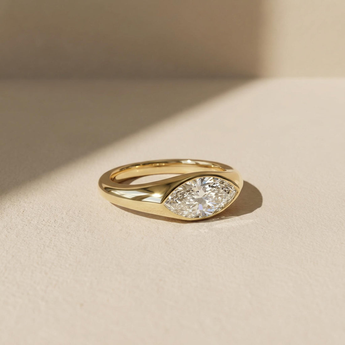 1.5ct Marquise Bezel Moissanite Ring, 14K Solid Gold Signet Engagement Ring, Minimalist Pinky Promise Gift, Unique Solitaire Gold Ring