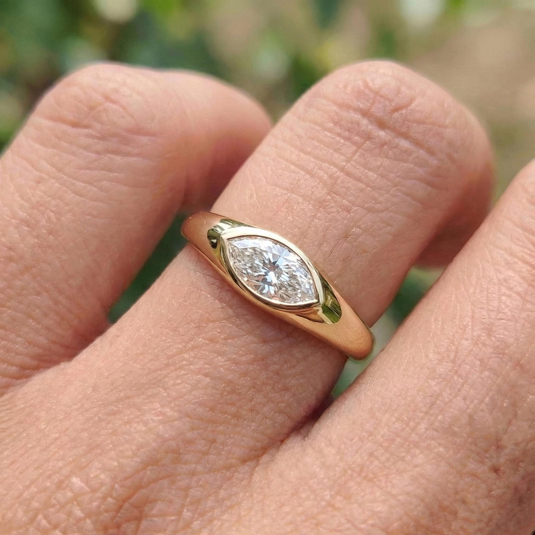 1.5ct Marquise Bezel Moissanite Ring, 14K Solid Gold Signet Engagement Ring, Minimalist Pinky Promise Gift, Unique Solitaire Gold Ring