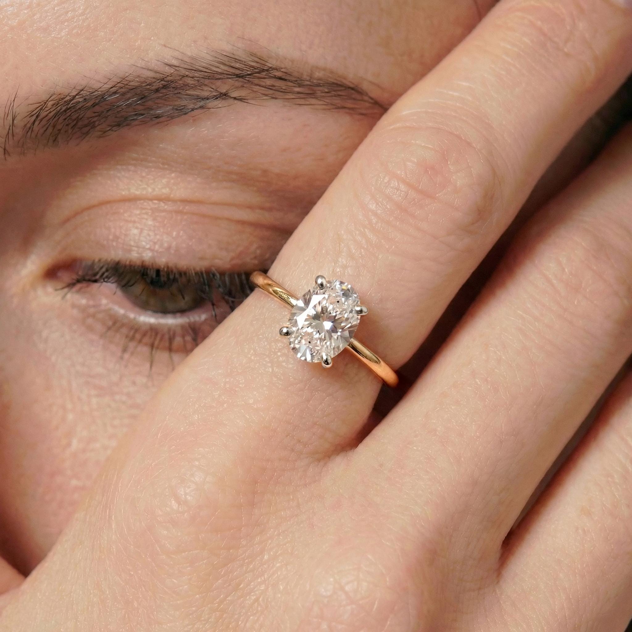1.25ct - 5.81ct Oval Cut Simulated Diamond Ring, Two-Tone Yellow Gold Vermeil Solitaire, Dainty Travel Engagement Ring, Silver Promise Ring