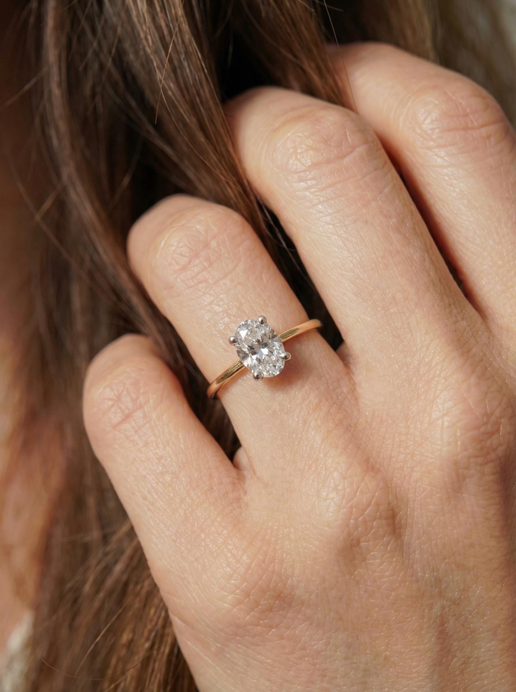 1.25ct - 5.81ct Oval Cut Simulated Diamond Ring, Two-Tone Yellow Gold Vermeil Solitaire, Dainty Travel Engagement Ring, Silver Promise Ring