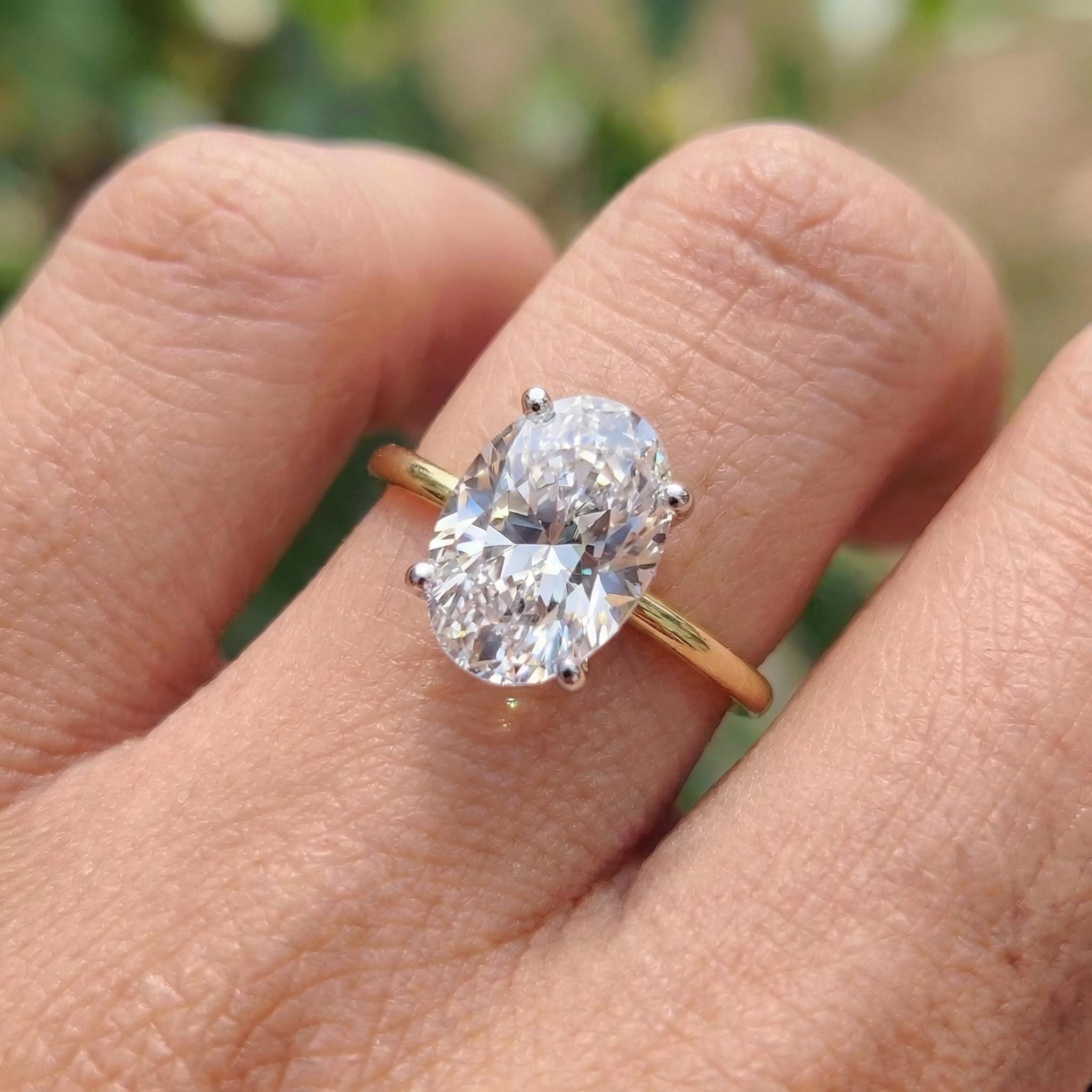1.25ct - 5.81ct Oval Cut Simulated Diamond Ring, Two-Tone Yellow Gold Vermeil Solitaire, Dainty Travel Engagement Ring, Silver Promise Ring