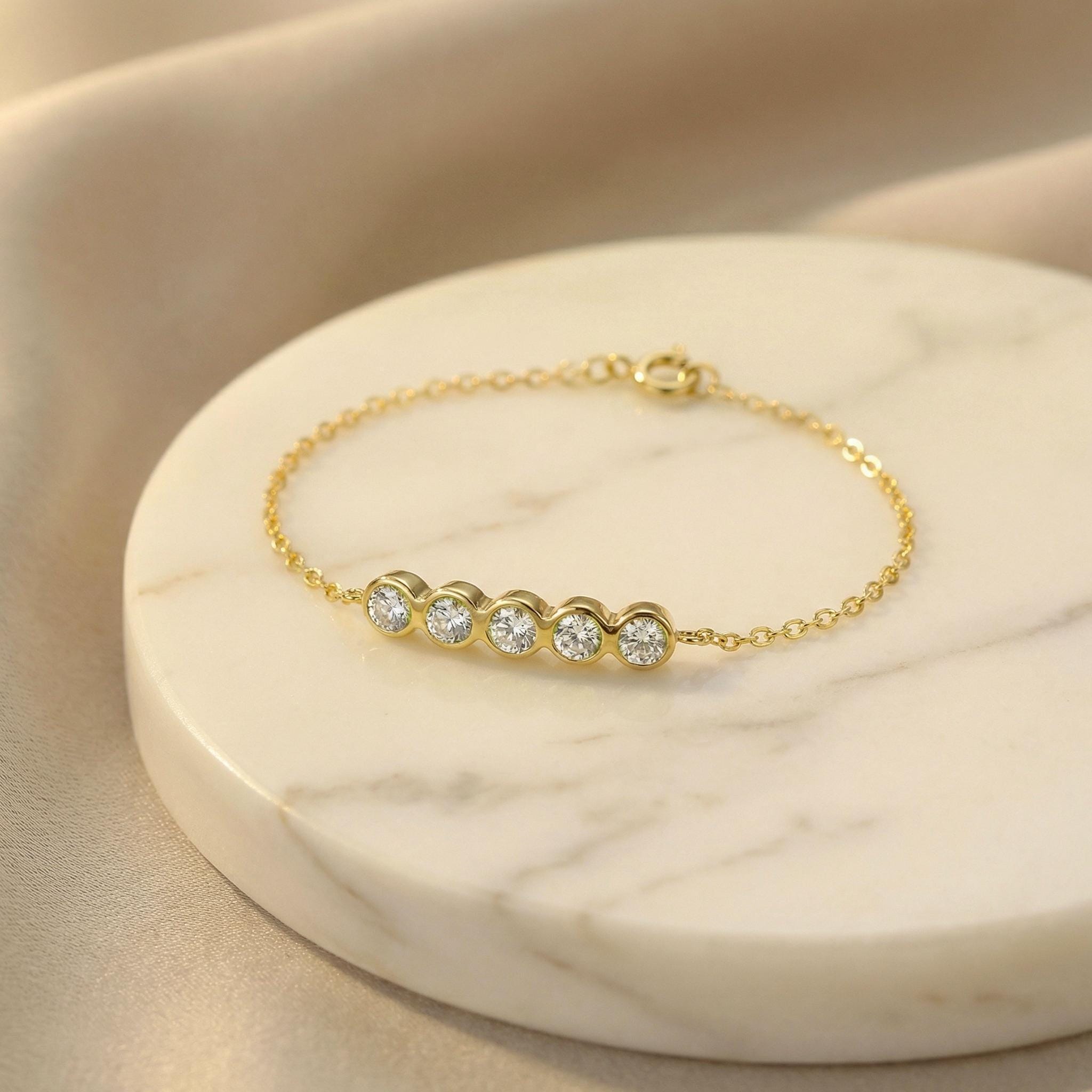 Simulated Diamond Bezel Bracelet, Dainty Gold Station Chain, Minimalist Bridesmaid Jewelry, Custom Bridal Party Gift