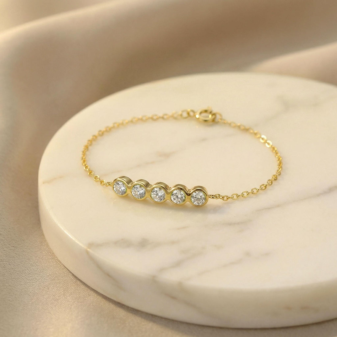 Simulated Diamond Bezel Bracelet, Dainty Gold Station Chain, Minimalist Bridesmaid Jewelry, Custom Bridal Party Gift