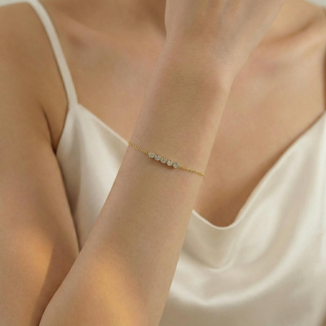 Simulated Diamond Bezel Bracelet, Dainty Gold Station Chain, Minimalist Bridesmaid Jewelry, Custom Bridal Party Gift