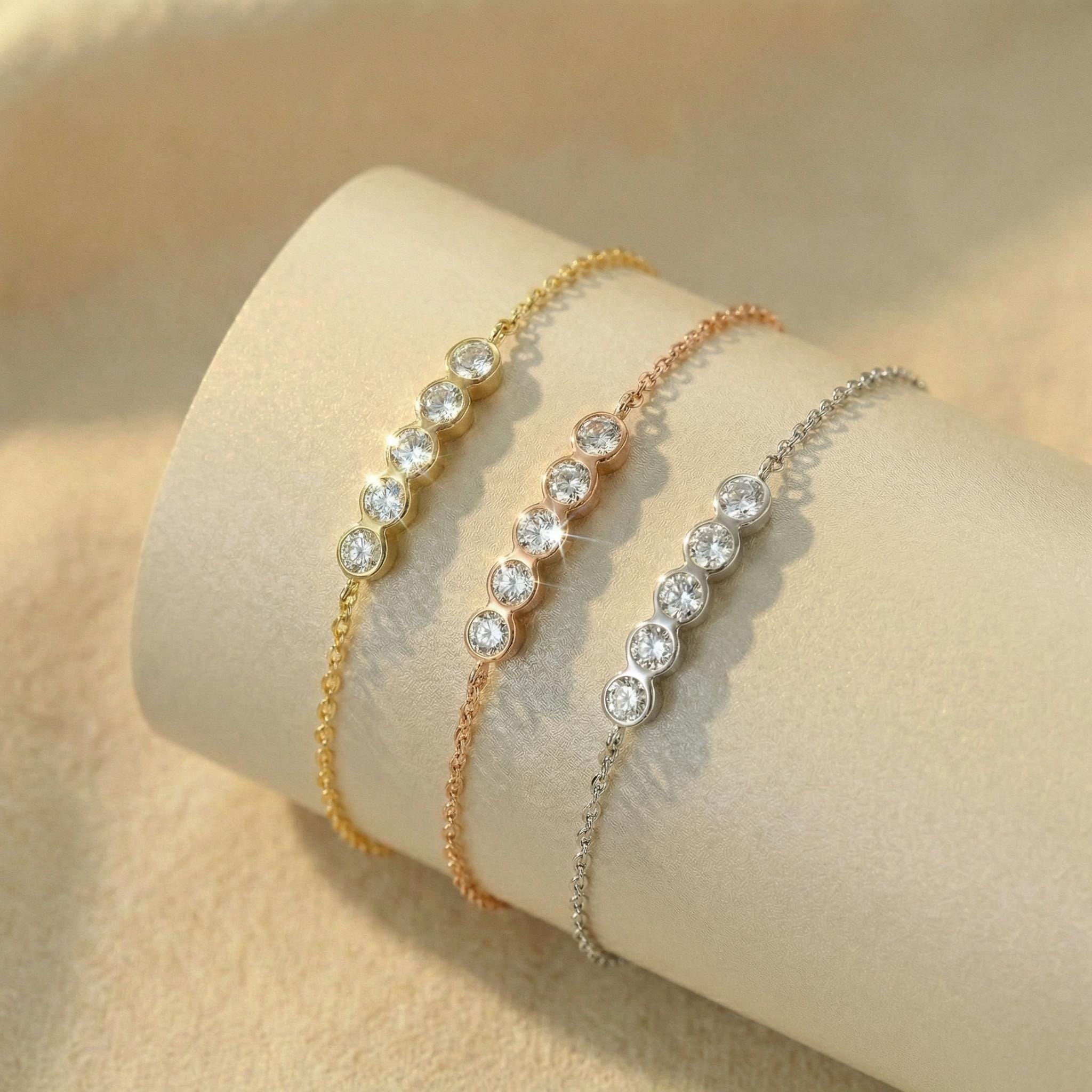 Simulated Diamond Bezel Bracelet, Dainty Gold Station Chain, Minimalist Bridesmaid Jewelry, Custom Bridal Party Gift