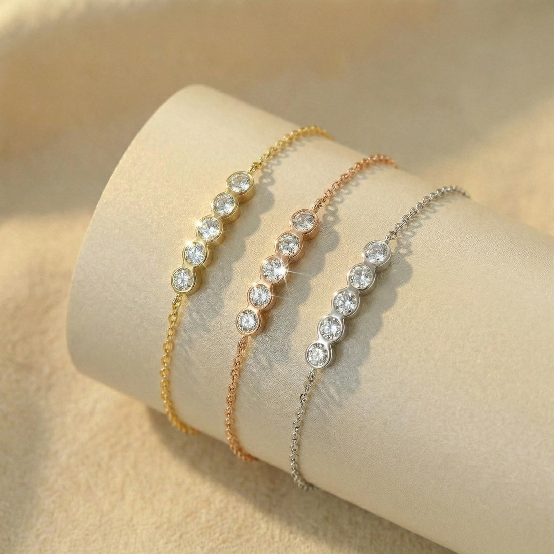 Simulated Diamond Bezel Bracelet, Dainty Gold Station Chain, Minimalist Bridesmaid Jewelry, Custom Bridal Party Gift