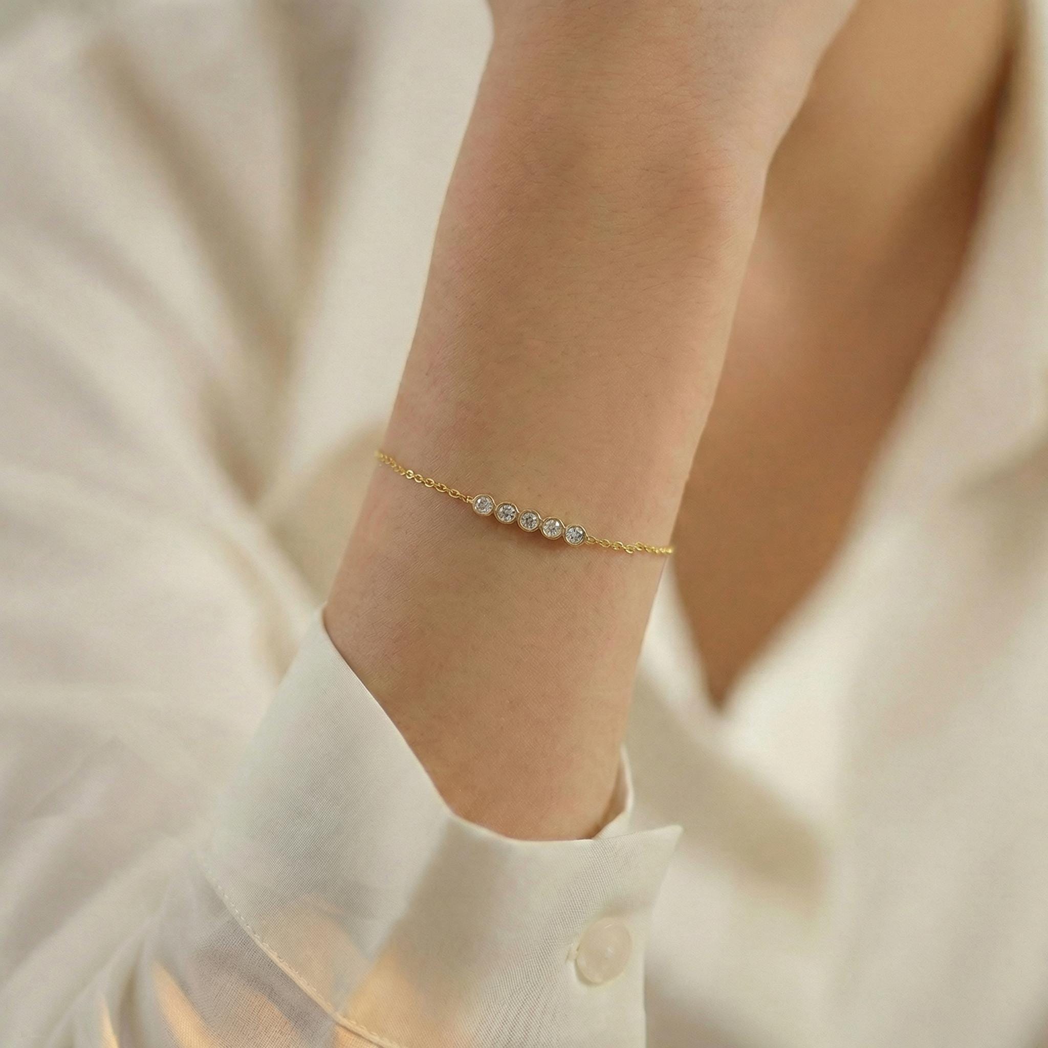 Lab Grown Diamond Bracelet, 14K Gold Bezel Station Chain Bracelet, Minimalist Bridal Jewelry, Bridesmaid Gift for Her