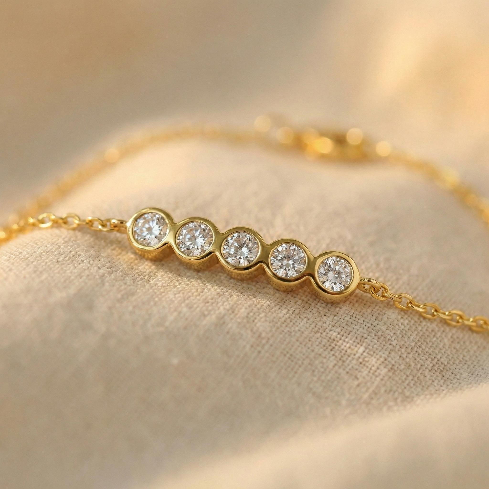 Lab Grown Diamond Bracelet, 14K Gold Bezel Station Chain Bracelet, Minimalist Bridal Jewelry, Bridesmaid Gift for Her