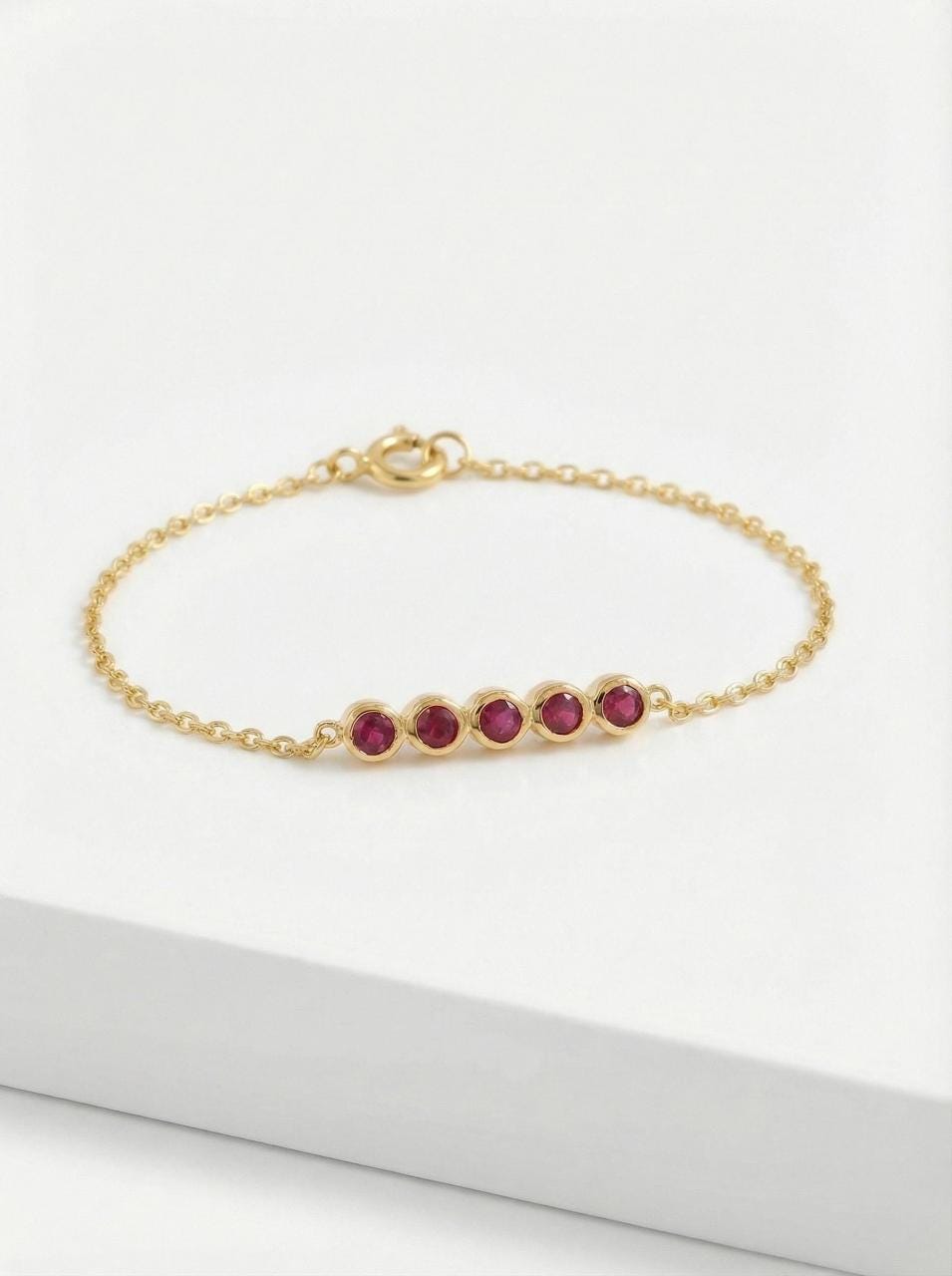 Garnet Bracelet Gold Bridesmaid Gift and January Birthstone Jewelry 14k Solid Gold Bezel Set Deep Red Gemstone Station Chain For Her