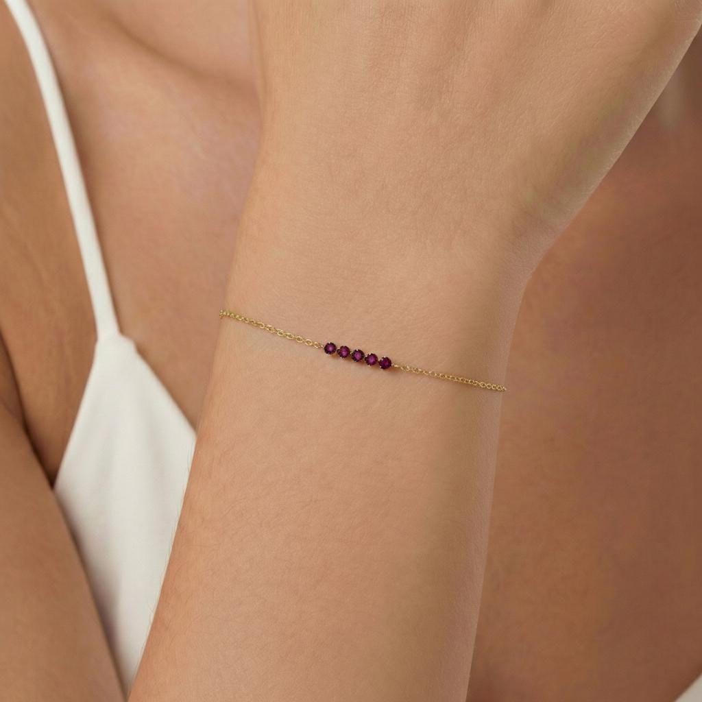 Garnet Bracelet Gold Bridesmaid Gift and January Birthstone Jewelry 14k Solid Gold Bezel Set Deep Red Gemstone Station Chain For Her