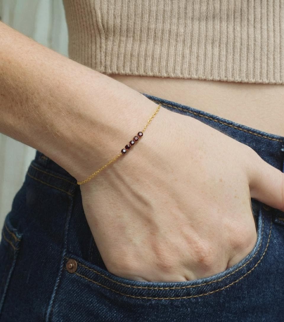 Garnet Bracelet Gold Bridesmaid Gift and January Birthstone Jewelry 14k Solid Gold Bezel Set Deep Red Gemstone Station Chain For Her