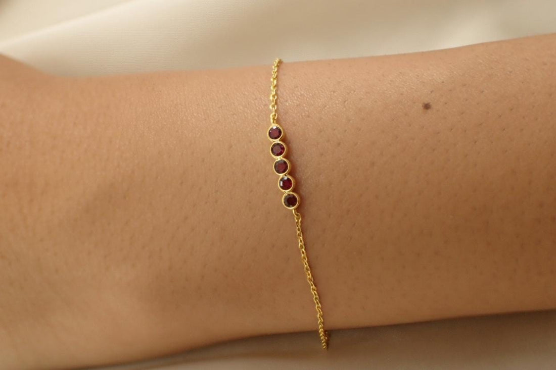 Garnet Bracelet Gold Bridesmaid Gift and January Birthstone Jewelry 14k Solid Gold Bezel Set Deep Red Gemstone Station Chain For Her