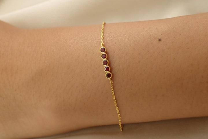 Garnet Bracelet Gold Bridesmaid Gift and January Birthstone Jewelry 14k Solid Gold Bezel Set Deep Red Gemstone Station Chain For Her