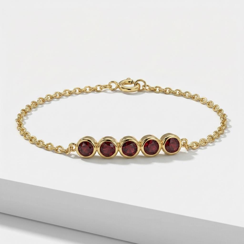 Garnet Bracelet Gold Bridesmaid Gift and January Birthstone Jewelry 14k Solid Gold Bezel Set Deep Red Gemstone Station Chain For Her
