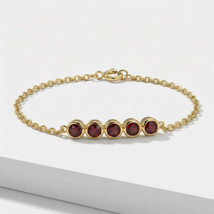 Garnet Bracelet Gold Bridesmaid Gift and January Birthstone Jewelry 14k Solid Gold Bezel Set Deep Red Gemstone Station Chain For Her