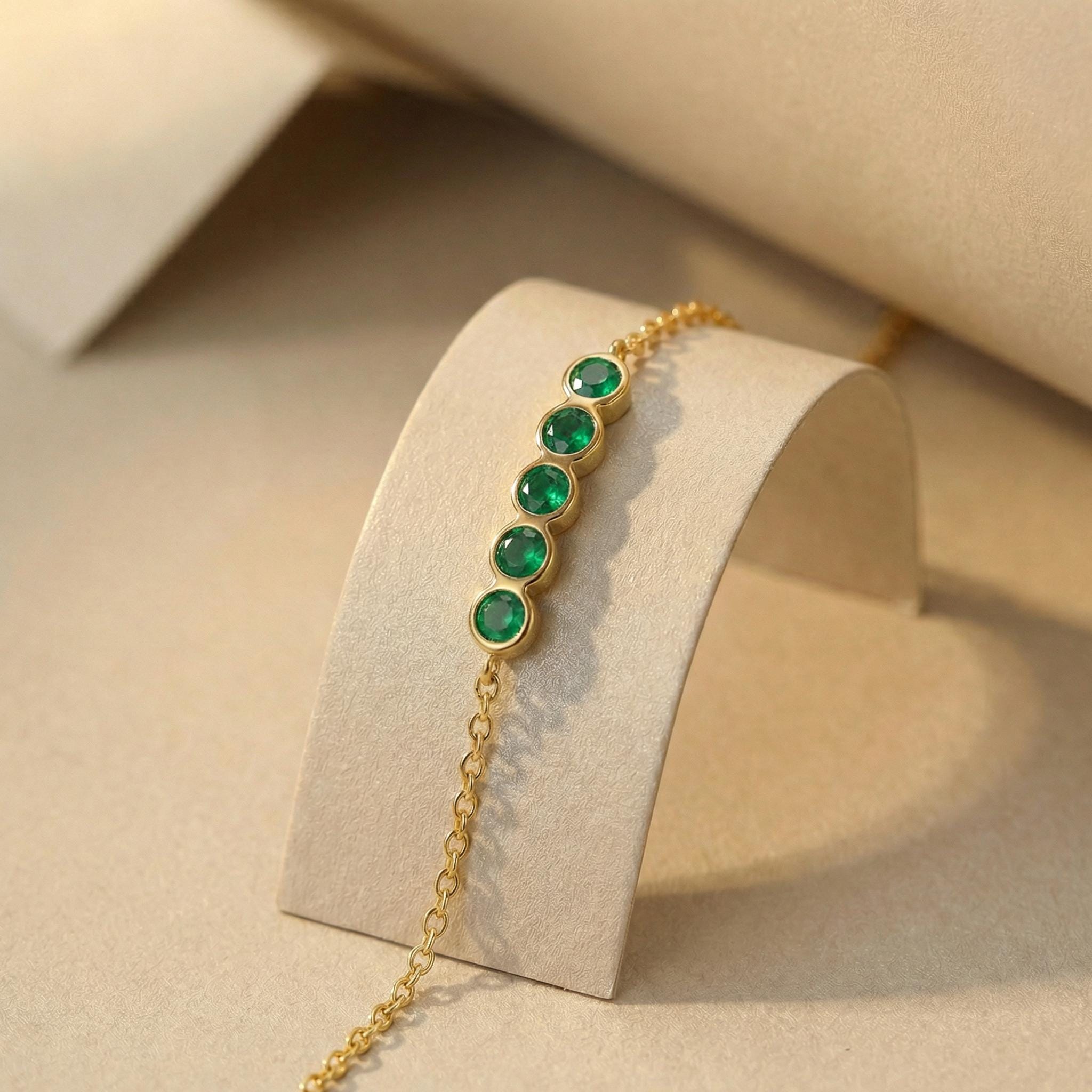 Emerald Birthstone Bracelet, May Birthstone Jewelry, Dainty Gold Bezel Set Bracelet, Personalized Bridesmaid Gift for Her