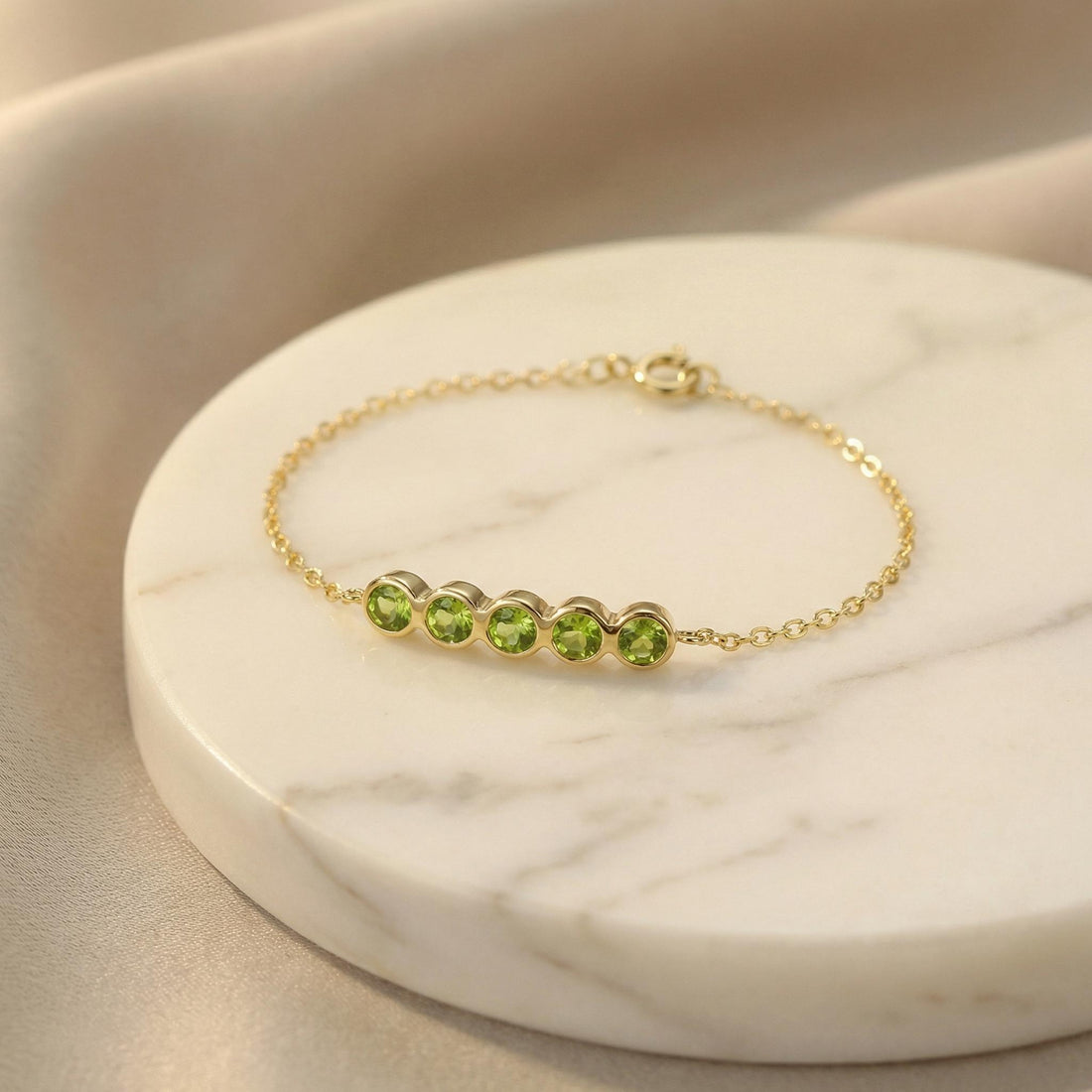 Peridot Birthstone Bracelet, August Birthstone Jewelry, Dainty Gold Bezel Station Chain, Personalized Bridesmaid Gift for Her