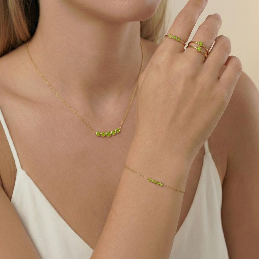 Peridot Birthstone Bracelet, August Birthstone Jewelry, Dainty Gold Bezel Station Chain, Personalized Bridesmaid Gift for Her