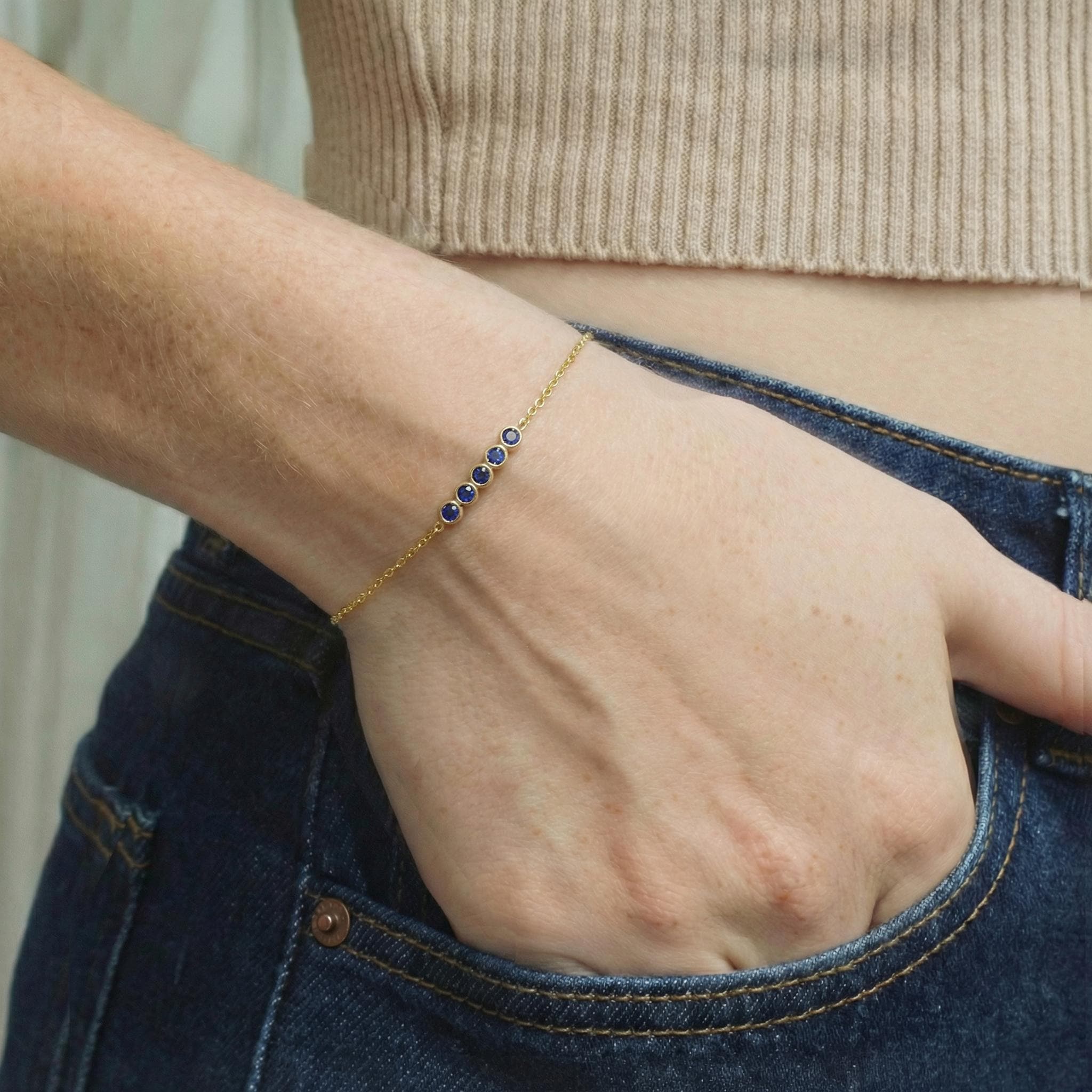 Blue Sapphire Birthstone Bracelet, September Birthstone Jewelry, Dainty Gold Station Chain, Bridesmaid Gift for Her