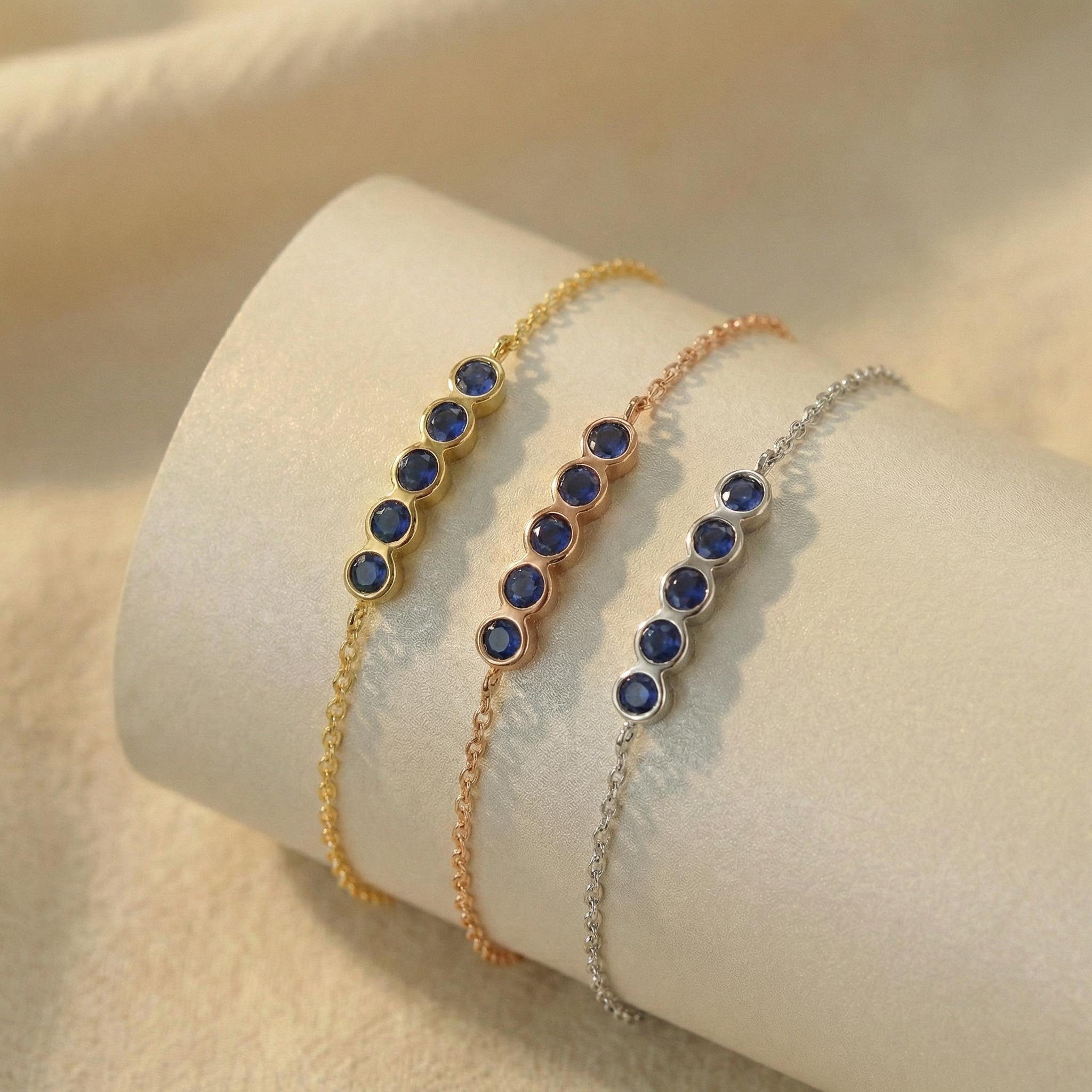 Blue Sapphire Birthstone Bracelet, September Birthstone Jewelry, Dainty Gold Station Chain, Bridesmaid Gift for Her
