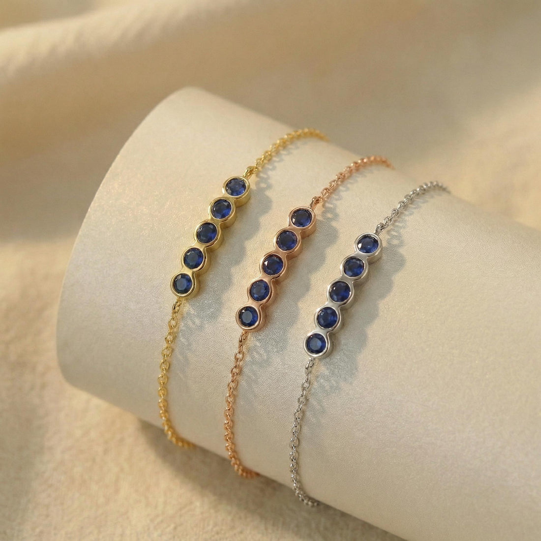 Blue Sapphire Birthstone Bracelet, September Birthstone Jewelry, Dainty Gold Station Chain, Bridesmaid Gift for Her